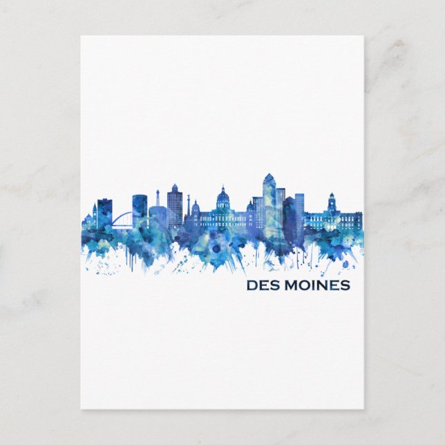 Des Moines Iowa Skyline Blue Holiday Postcard (Front)