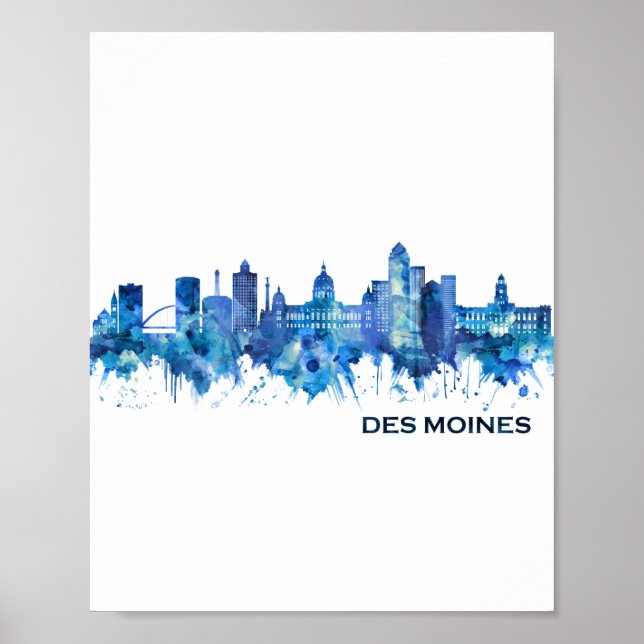 Des Moines Iowa Skyline Blue Poster (Front)