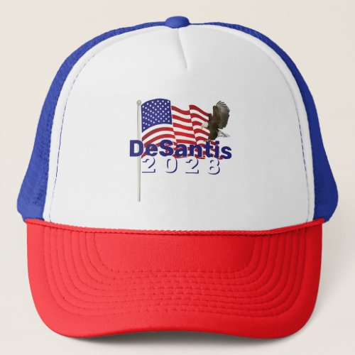 DeSantis 2028 Text on American Flag  Trucker Hat
