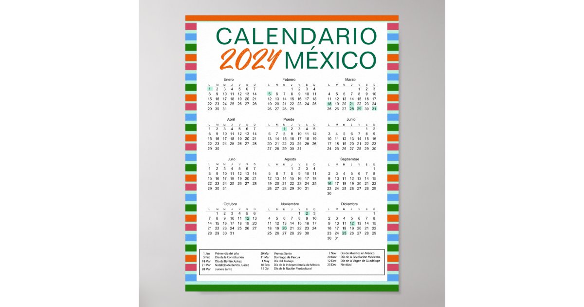 Descargar Calendario Mexicano Español 2024 México Poster Zazzle