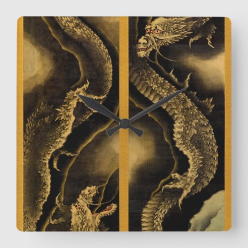 Descending and Ascending Dragons by Hokusai Square Wall Clock