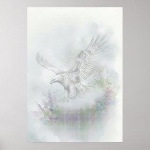 Descending Eagle Misty Wildflower Watercolor Poster