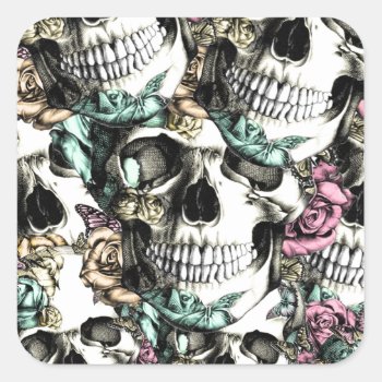 Descending Rose Skulls With Butterflies. Square Sticker by KPattersonDesign at Zazzle