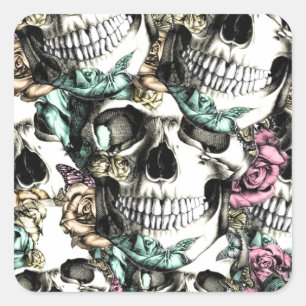 Descending rose skulls with butterflies. square sticker