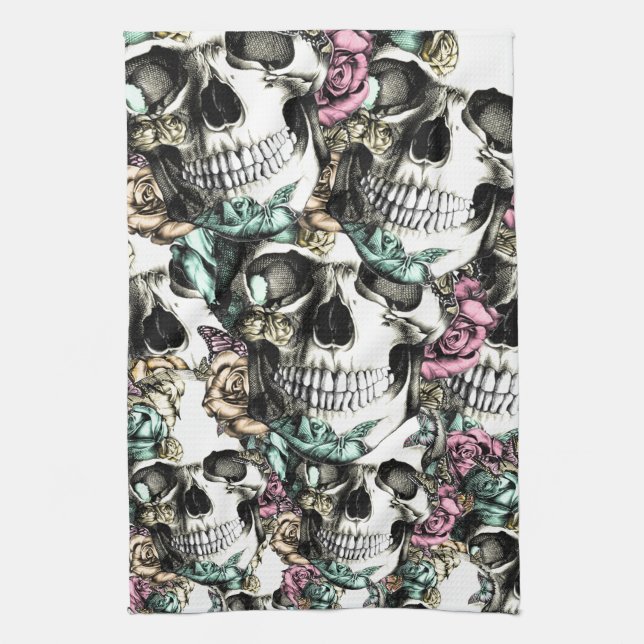 Descending rose skulls with butterflies. towel (Vertical)