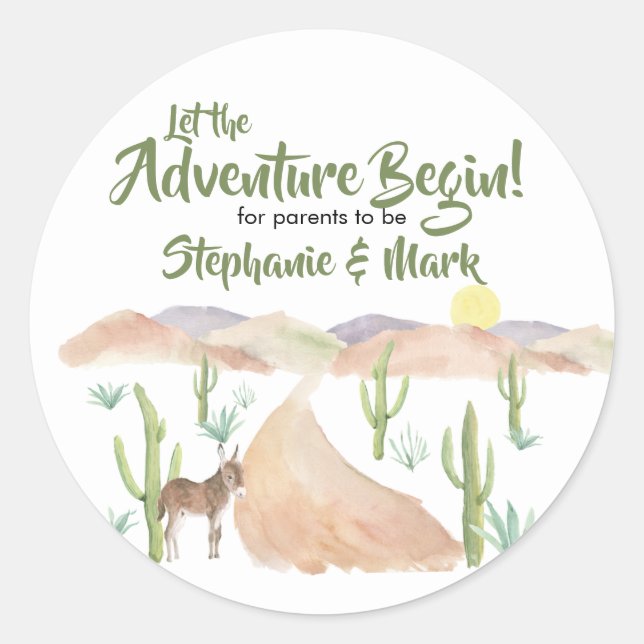 Desert Adventure Begins Succulent Boho Baby Shower Classic Round Sticker (Front)