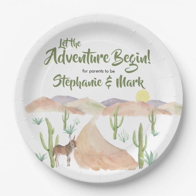 Desert Adventure Begins Succulent Boho Baby Shower Paper Plates (Front)