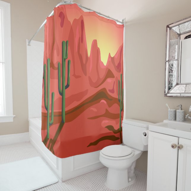 Desert at Sunset with Saguaros Shower Curtain (In Situ)