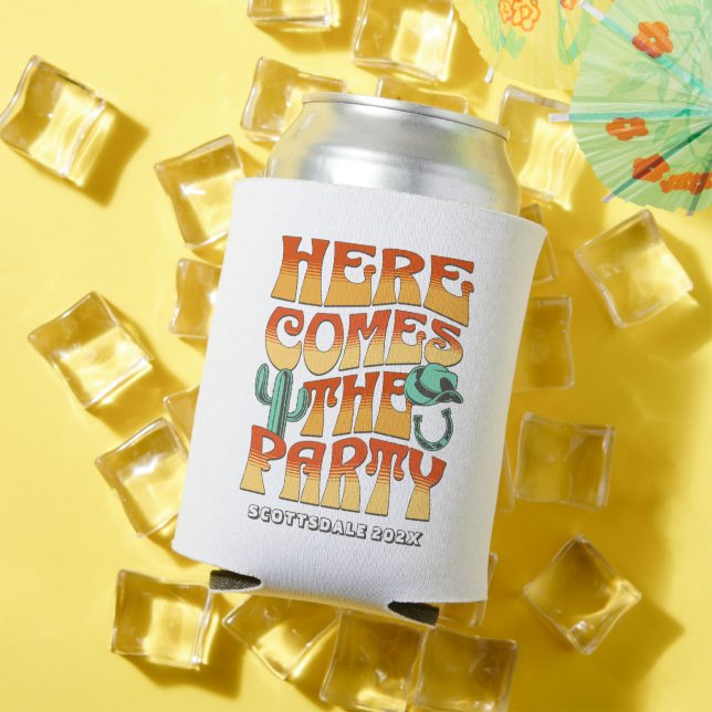 Desert Bachelorette Party Western Cowboy Groovy Can Cooler (In Situ Summer)