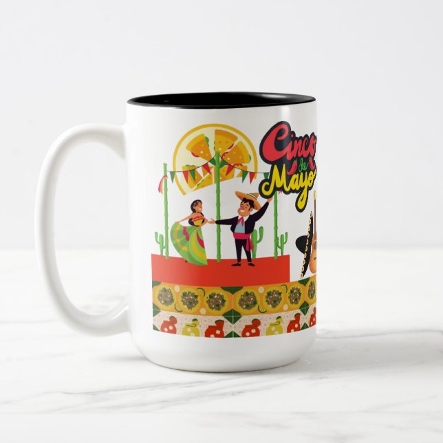 Desert Bloom Fiesta black & white Two-Tone Coffee Mug (Left)