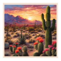 Desert Blooming Cactus Colorful Sunrise Art