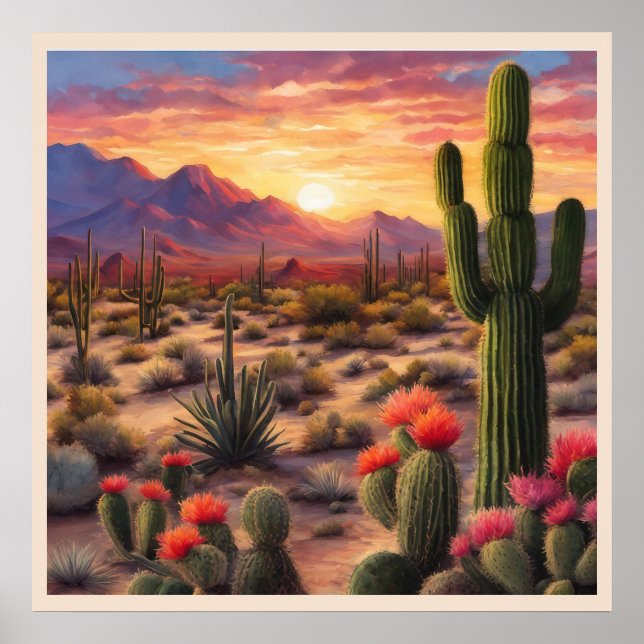 Desert Blooming Cactus Colorful Sunrise Art Poster (Front)
