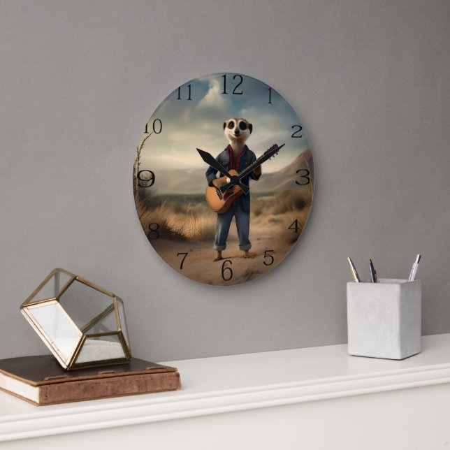 Desert Blues: A Meerkat’s Denim Guitar Jam, Large Clock (Office)