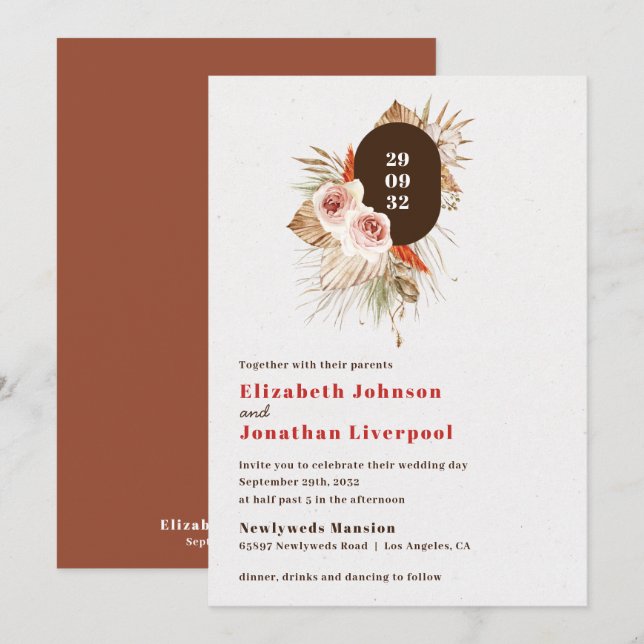 Desert boho floral earth tones terracotta wedding invitation (Front/Back)