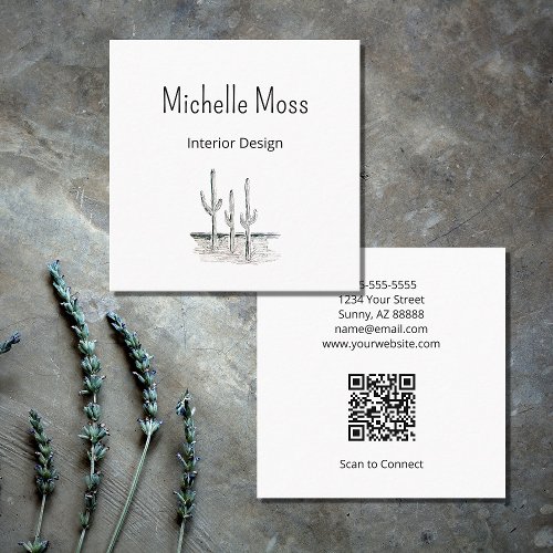 Desert Botanical Cactus QR code Minimalist  Square Business Card