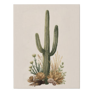 Desert Botanical Illustration with Saguaro Cactus Faux Canvas Print
