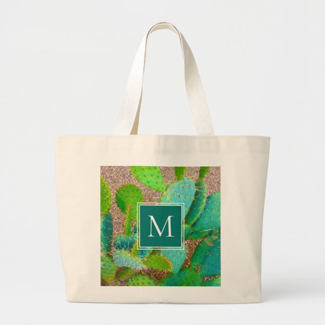 Desert Botanical Monogram Green Cactus Large Tote Bag (Front)