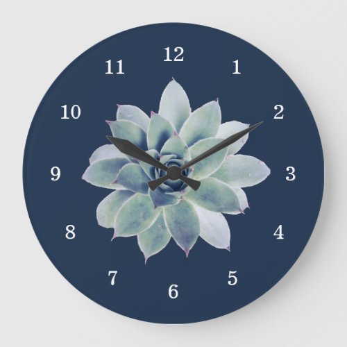 Desert Botanical Succulent Elegant Navy Blue  Large Clock