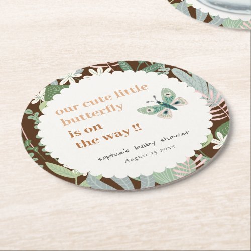 Desert Brown Retro Butterfly Garden Baby Shower Round Paper Coaster