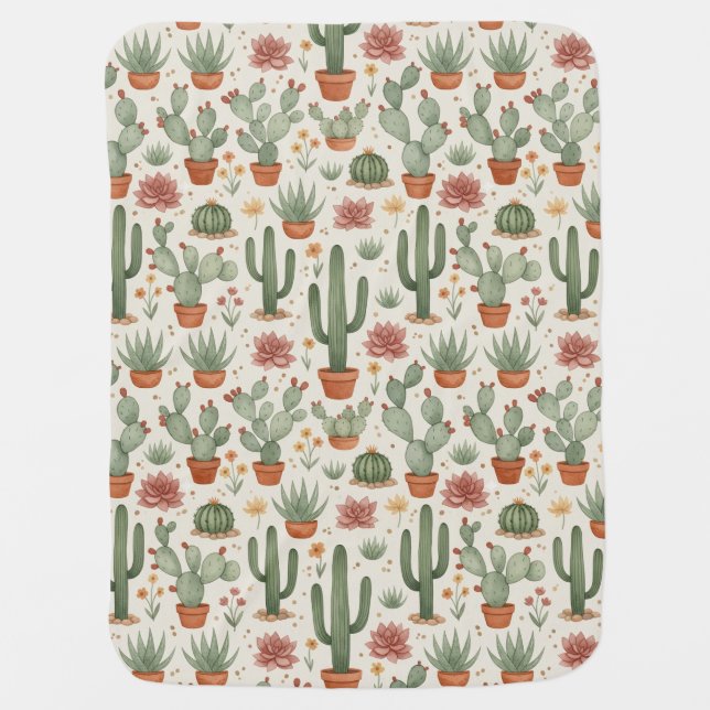 Desert Cacti Succulent Seamless Pattern Baby Blanket (Front)