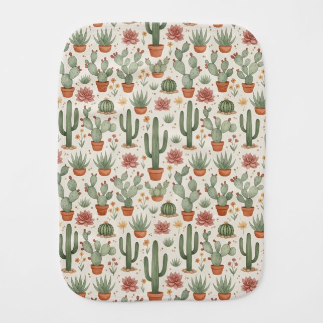 Desert Cacti Succulent Seamless Pattern Baby Burp Cloth (Front)