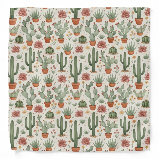 Desert Cacti Succulent Seamless Pattern Bandana (Front)