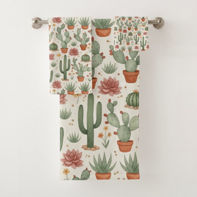 Desert Cacti Succulent Seamless Pattern Bath Towel Set (Insitu)