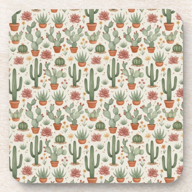Desert Cacti Succulent Seamless Pattern Beverage Coaster (Front)