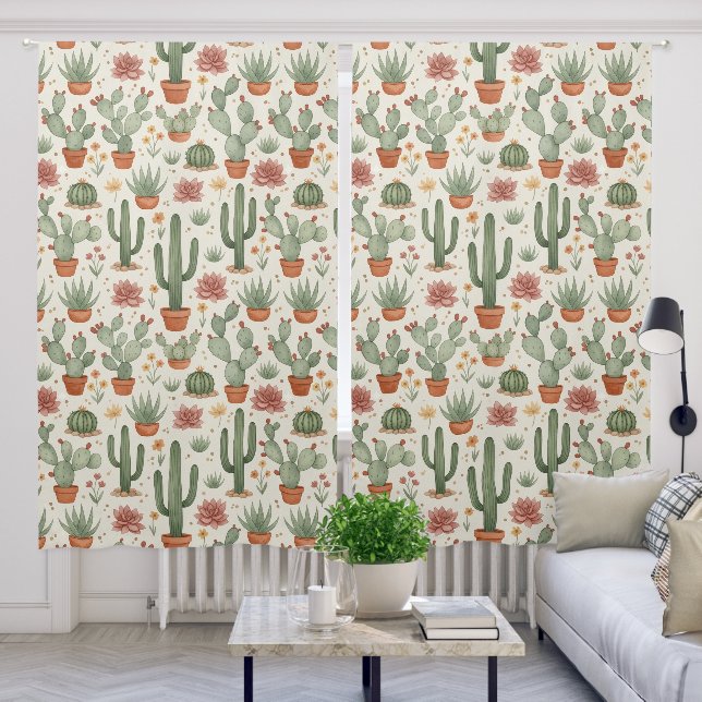 Desert Cacti Succulent Seamless Pattern Blackout Curtains (Living Room)