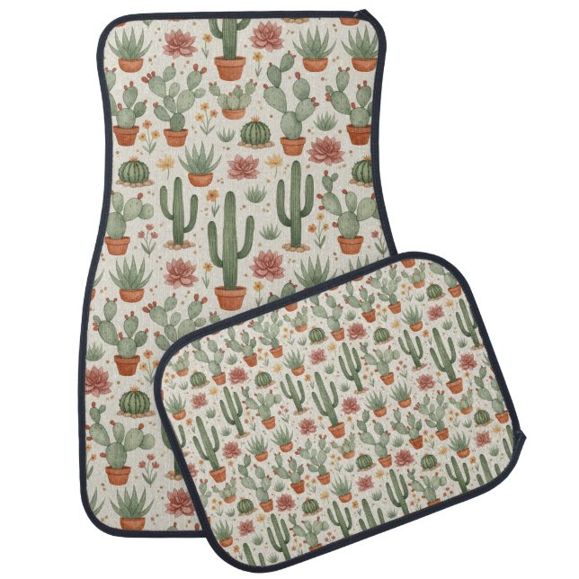 Desert Cacti Succulent Seamless Pattern Car Floor Mat (Set)