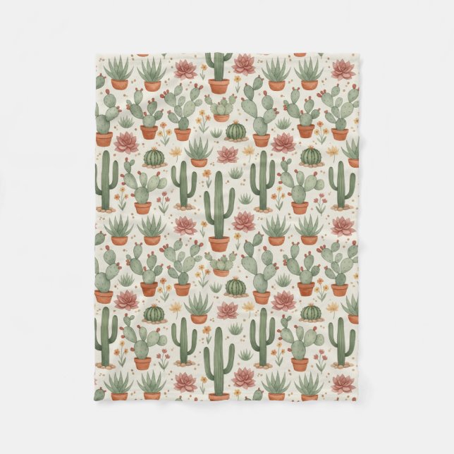 Desert Cacti Succulent Seamless Pattern Fleece Blanket (Front)