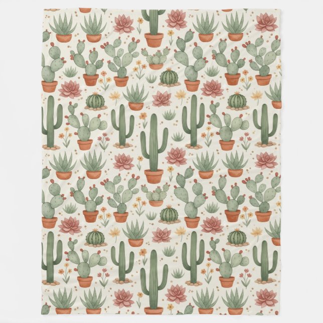 Desert Cacti Succulent Seamless Pattern Fleece Blanket (Front)