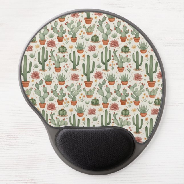 Desert Cacti Succulent Seamless Pattern Gel Mouse Pad (Front)