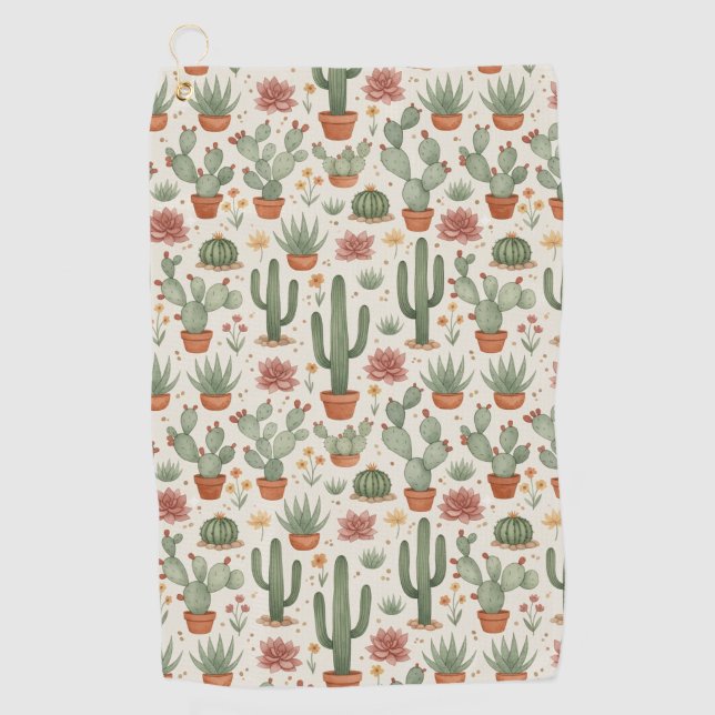 Desert Cacti Succulent Seamless Pattern Golf Towel (Front)