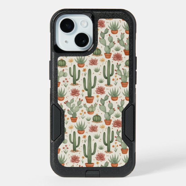 Desert Cacti Succulent Seamless Pattern iPhone 15 Case (Back)