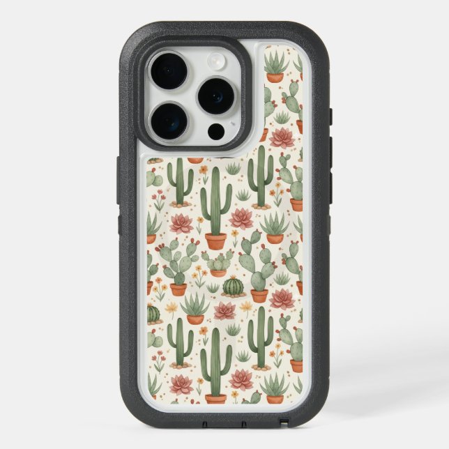 Desert Cacti Succulent Seamless Pattern iPhone 15 Pro Case (Back (White Titanium))
