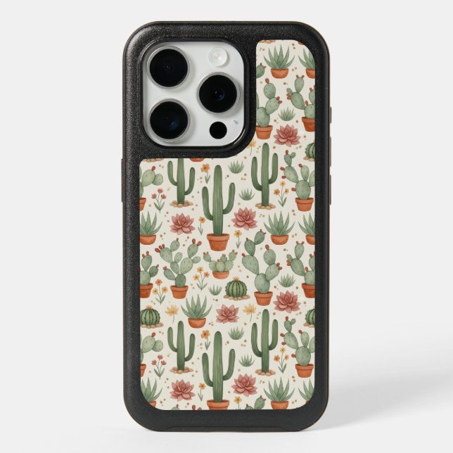 Desert Cacti Succulent Seamless Pattern iPhone 15 Pro Case (Back)