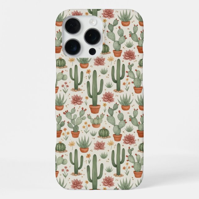 Desert Cacti Succulent Seamless Pattern iPhone Case (Back)
