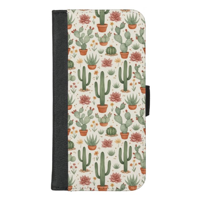 Desert Cacti Succulent Seamless Pattern iPhone Wallet Case (Front)