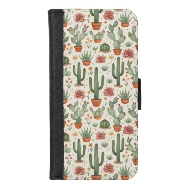 Desert Cacti Succulent Seamless Pattern iPhone Wallet Case (Front)