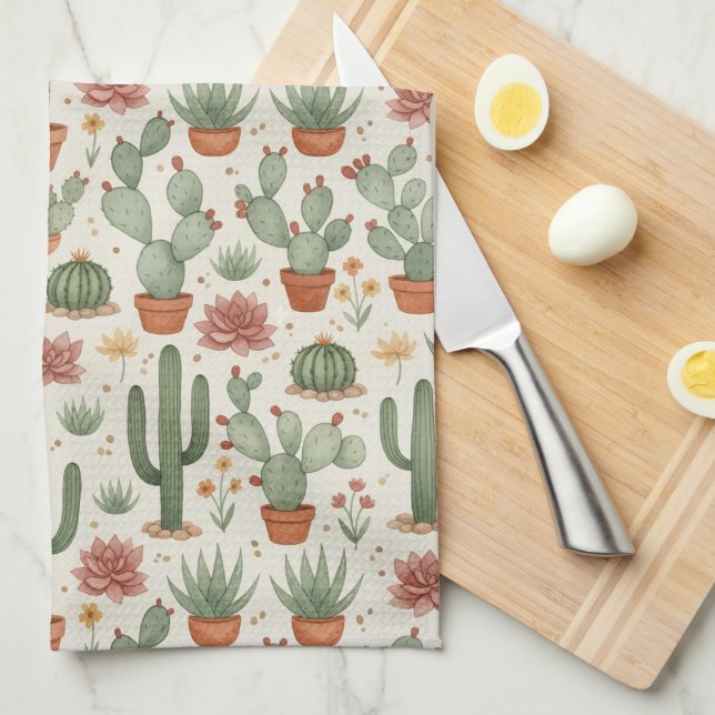 Desert Cacti Succulent Seamless Pattern Kitchen Towel (Quarter Fold)