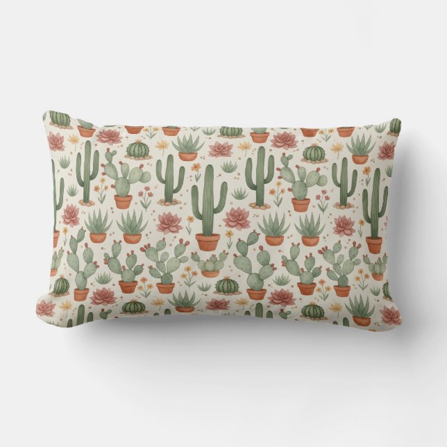 Desert Cacti Succulent Seamless Pattern Lumbar Pillow (Front)