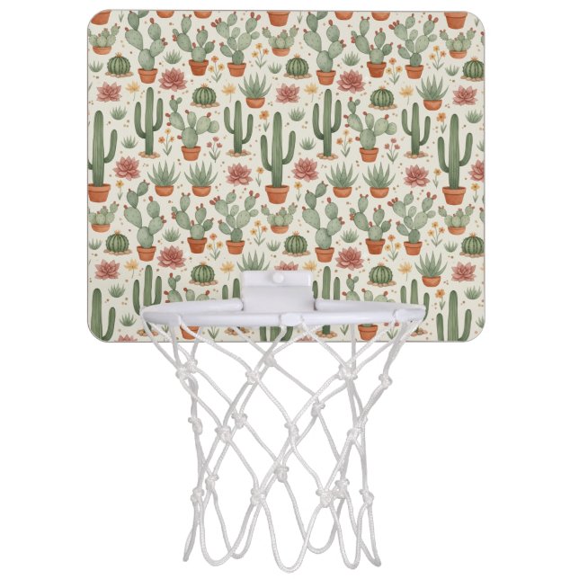 Desert Cacti Succulent Seamless Pattern Mini Basketball Hoop (Front)