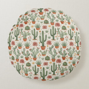 Desert Cacti Succulent Seamless Pattern Round Pillow