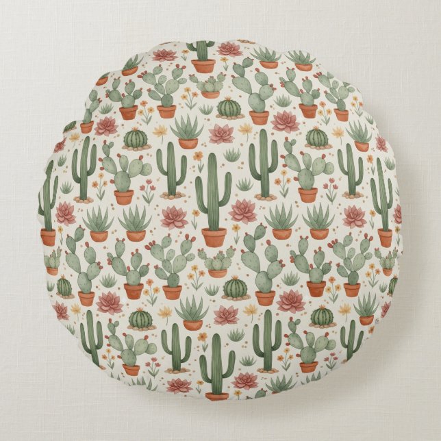 Desert Cacti Succulent Seamless Pattern Round Pillow (Front)
