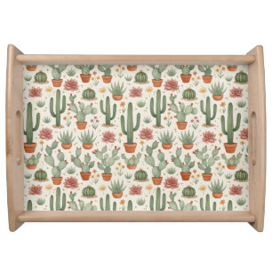 Desert Cacti Succulent Seamless Pattern Serving Tray