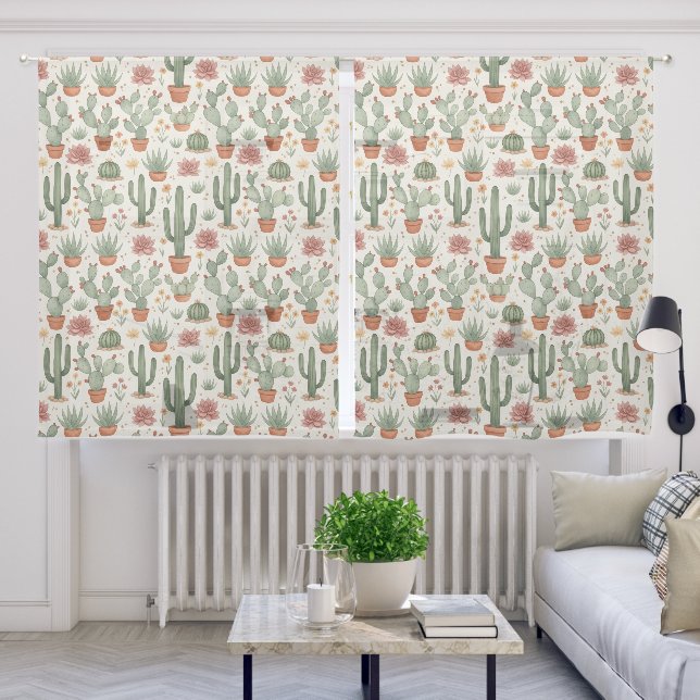 Desert Cacti Succulent Seamless Pattern Sheer Curtains (Living Room)