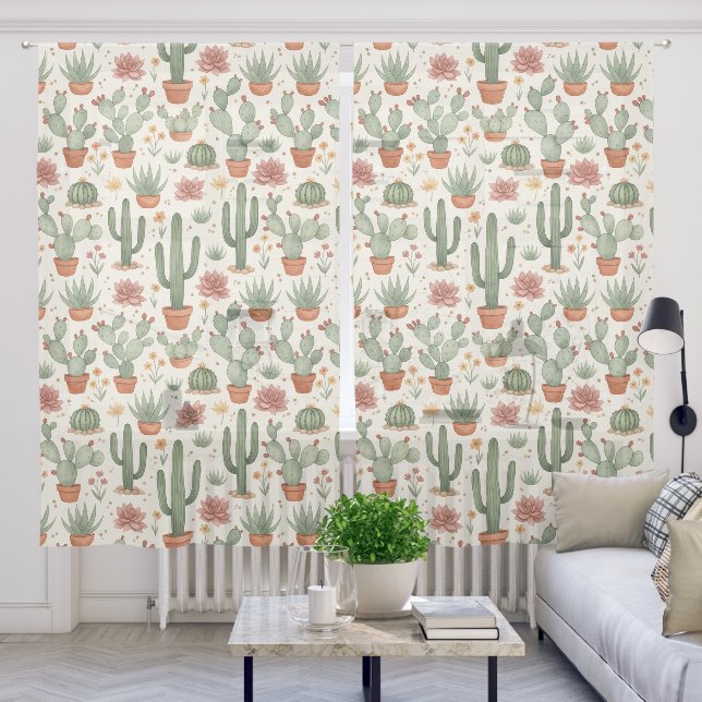 Desert Cacti Succulent Seamless Pattern Sheer Curtains (Living Room)