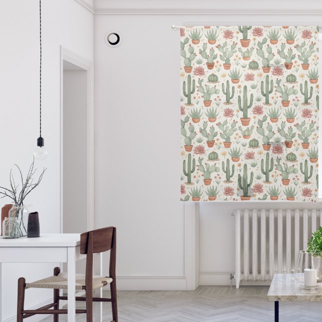 Desert Cacti Succulent Seamless Pattern Sheer Curtains (Living Room)