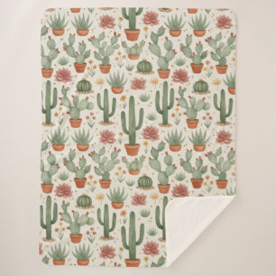 Desert Cacti Succulent Seamless Pattern Sherpa Blanket